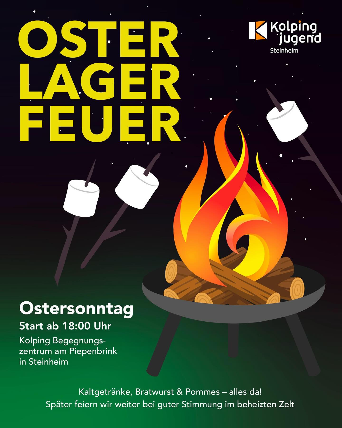 Osterlagerfeuer 2026 
Am Ostersonntag ab 18:00 Uhr am Kolping Begegnungszentrum in Steinheim - mit Lagerfeuer, Bratwurst, Pommes & kalten Drinks. ✨
Kommt vorbei & feiert mit uns weiter im beheizten Zelt! 🔥🧡

#osterfeuer #steinheim #kolpingjugend #lagerfeuerstimmung #ostern2026